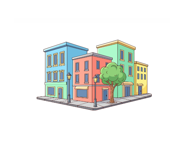 Buildings in a town. There is a sidewalk around the buildings with streetlights and a tree.