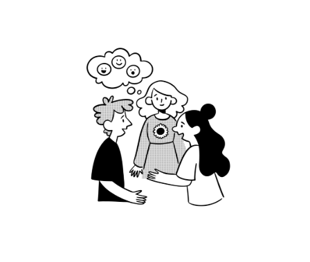 Three people socializing.